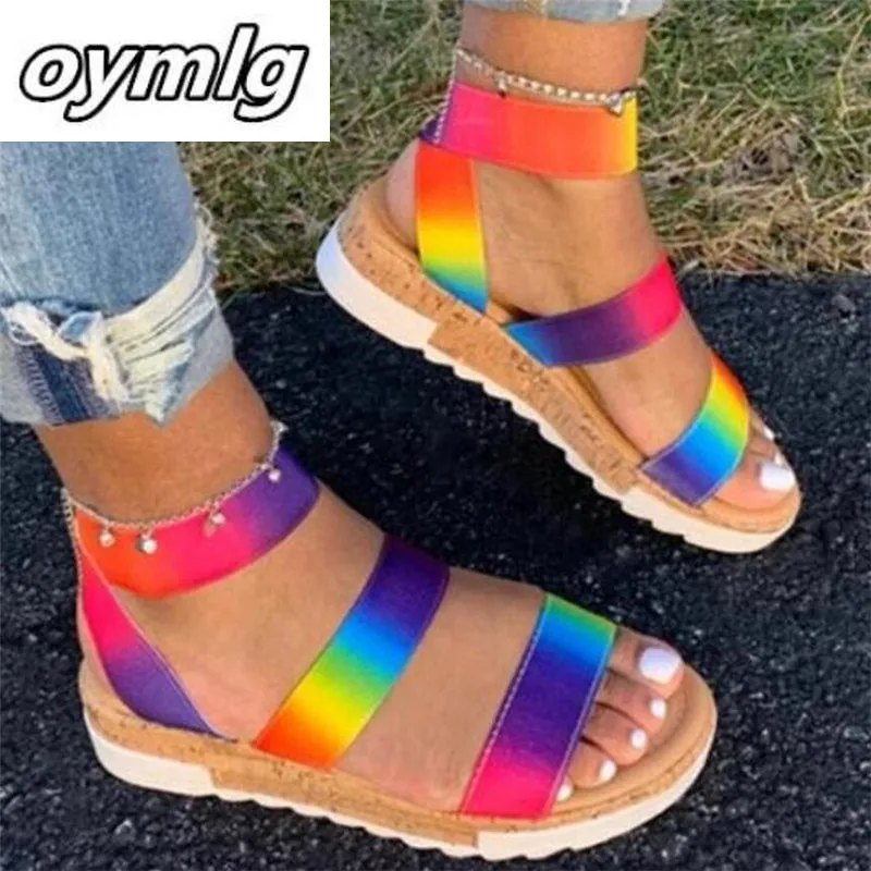 Сандалии женские на платформе босоножки радужной расцветки большой размер 35 43