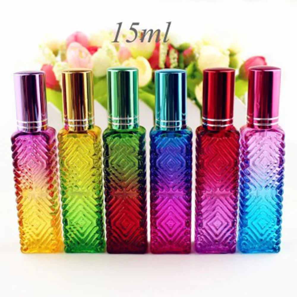 15ml Portable Square Gradient Perfume Bottle Sub-bottom Spray Colorful Bottle Empty Glass Cosmetics Small Perfume Bottle