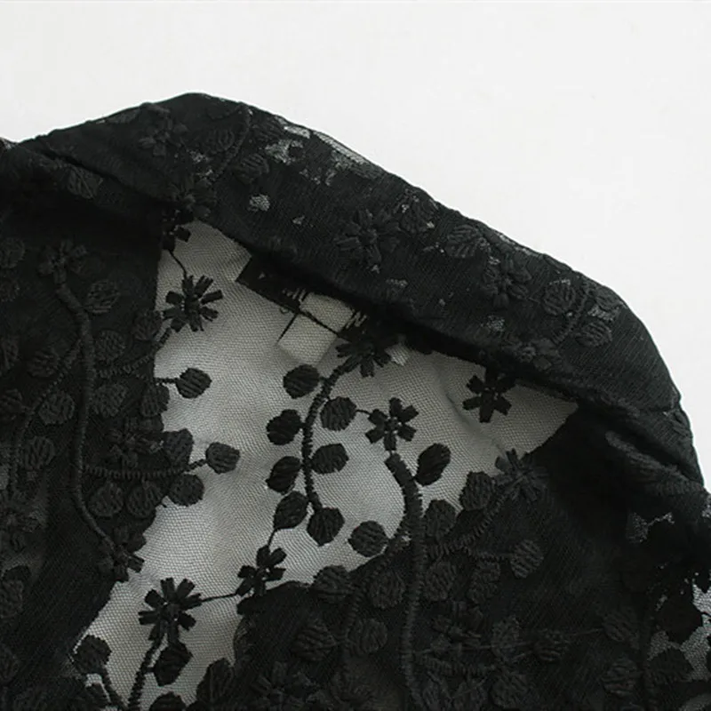 NSZ женское черное кружевное платье макси с вышивкой и отложным воротником