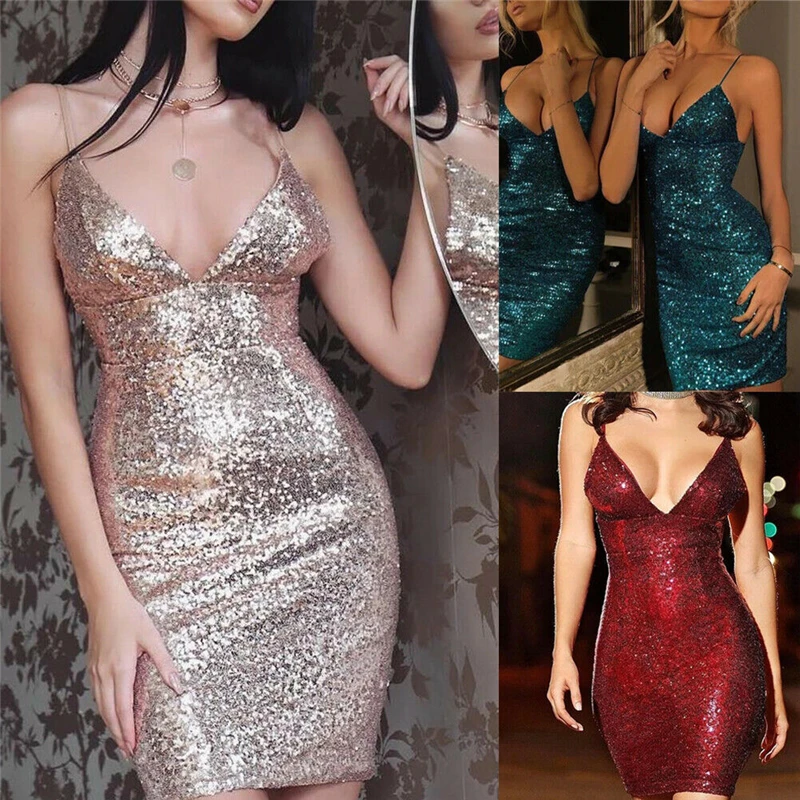 

Summer 2020 New Sexy V Neck Sequins Bandage Bodycon Dress Women Elegant Slim Fashion Sleeveless Club Party Mini Dresses