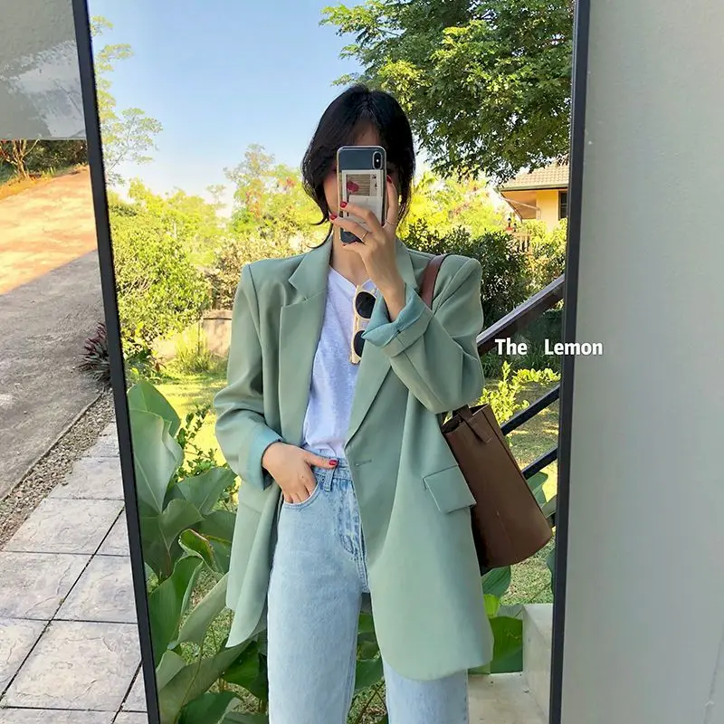 

2021 Autumn Blazer Jacket Women Office Lady V-neck Solid Color Korean Elegant Suit Casual Chic Coat Streetwear Casual Clothes