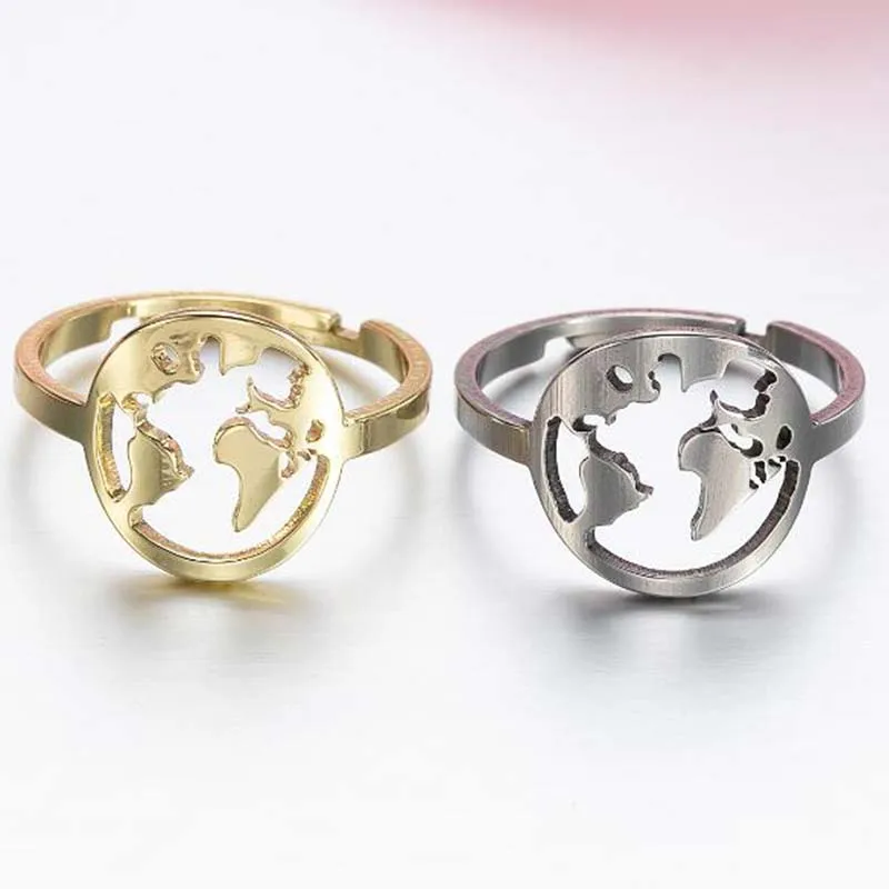 

Gothic Travel Fashion Jewelry Stainless Steel Wide World Map Rings Cut-out Fine Polished Circle Ring Female Wedding Ring anillos