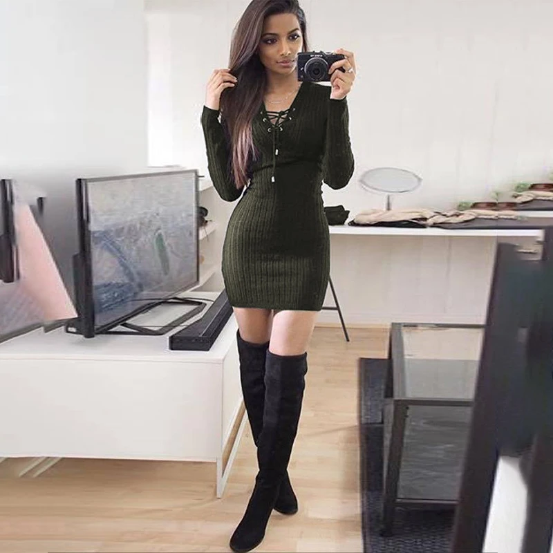 

Bandage Knitted Dress Women Dress Skinny V Neck Long Sleeve Jumper Slim Women Clothing Vestido Feminino Casual Mini Dresses