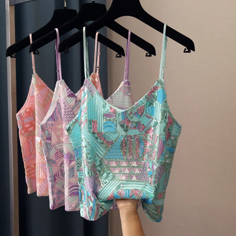 Женский укороченный топ с V образным вырезом и блестками|Топы| |