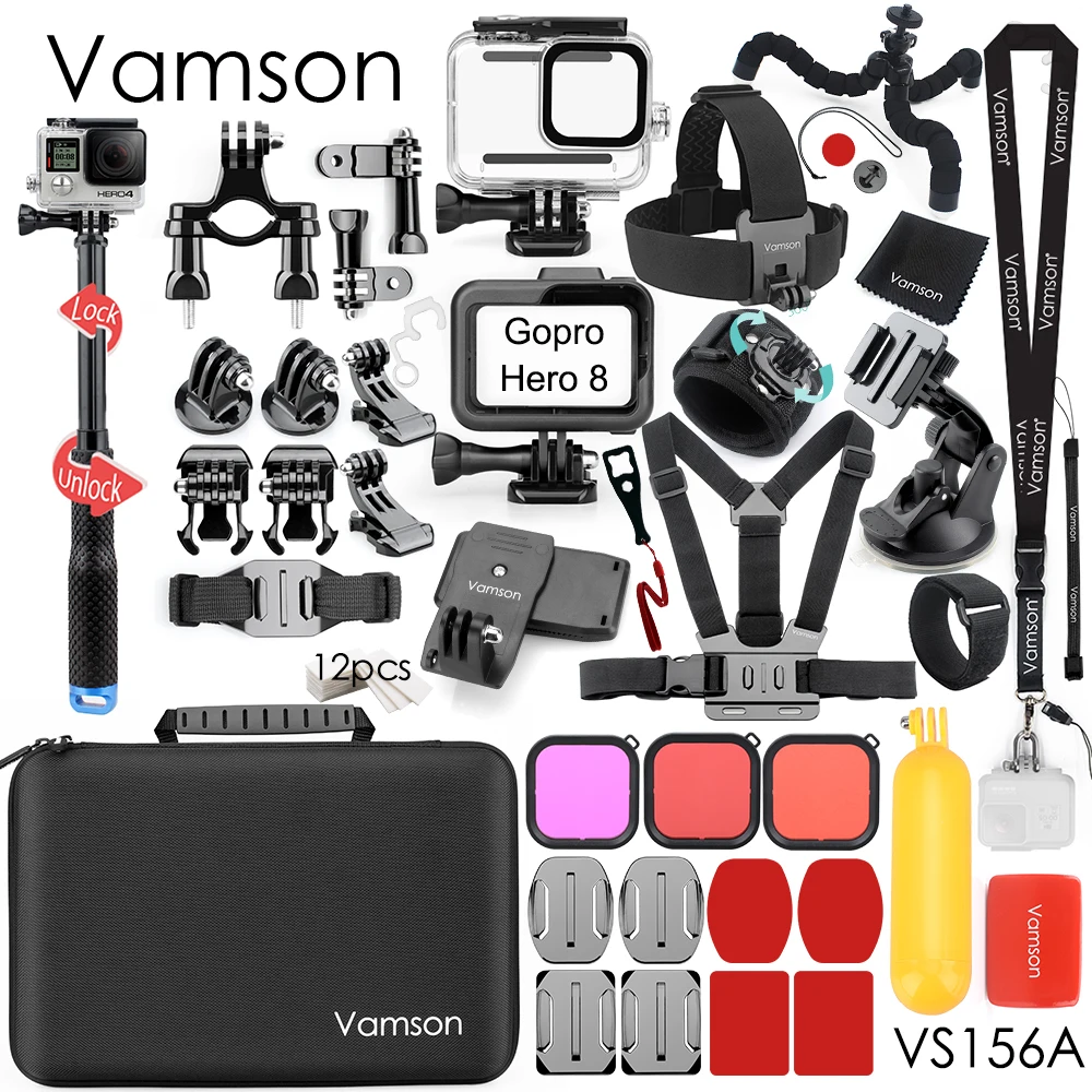 VS156A Vamson для экшн-камеры GoPro, комплект аксессуаров, водонепроницаемый чехол, набор для Go Pro Hero 8, черный аксессуар для экшн-камеры VS156 - Цвет: VS156A