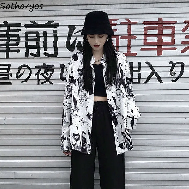 

Blouses Shirts Women Ink-printed Harajuku Loose Streetwear BF Leisure Chiffon Female Sun-proof Spring Vintage Retro Casual Chic