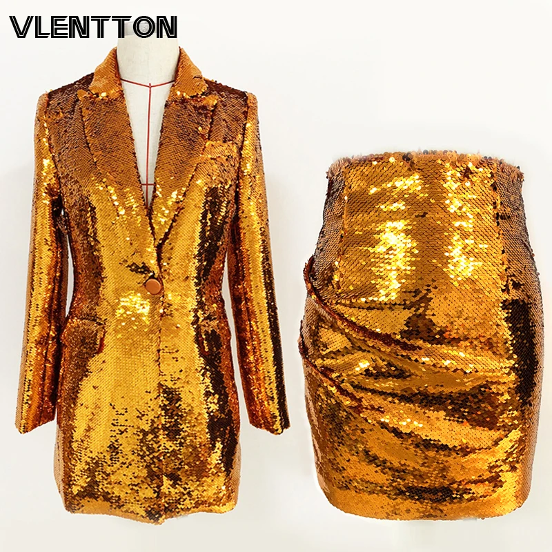 Осень 2020 Блестящий Золотой блестками комплект из двух предметов женский длинный