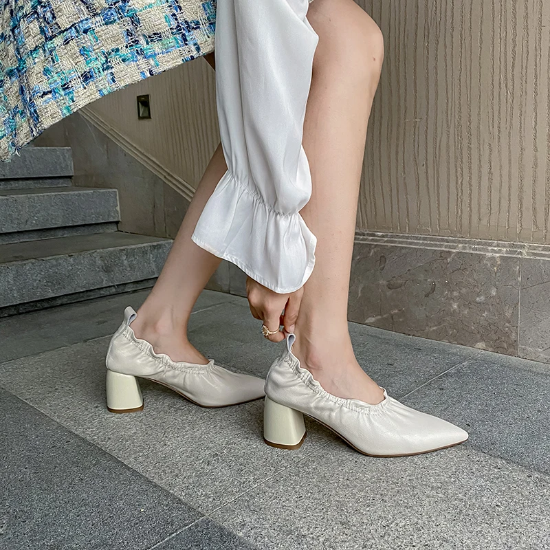

MORAZORA 2021 Genuine Leather Pumps Thick High Heels Pointed Toe Pleated Party Dress Shoes Summer Shallow Women Pumps
