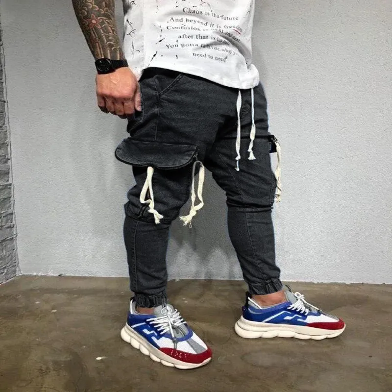 

2021 Men's Jeans Cool Skinny Pocket Tether Stretch Slim Elastic Denim Pants Large Size Hip Hop Black Blue Casual Jogging Jeans