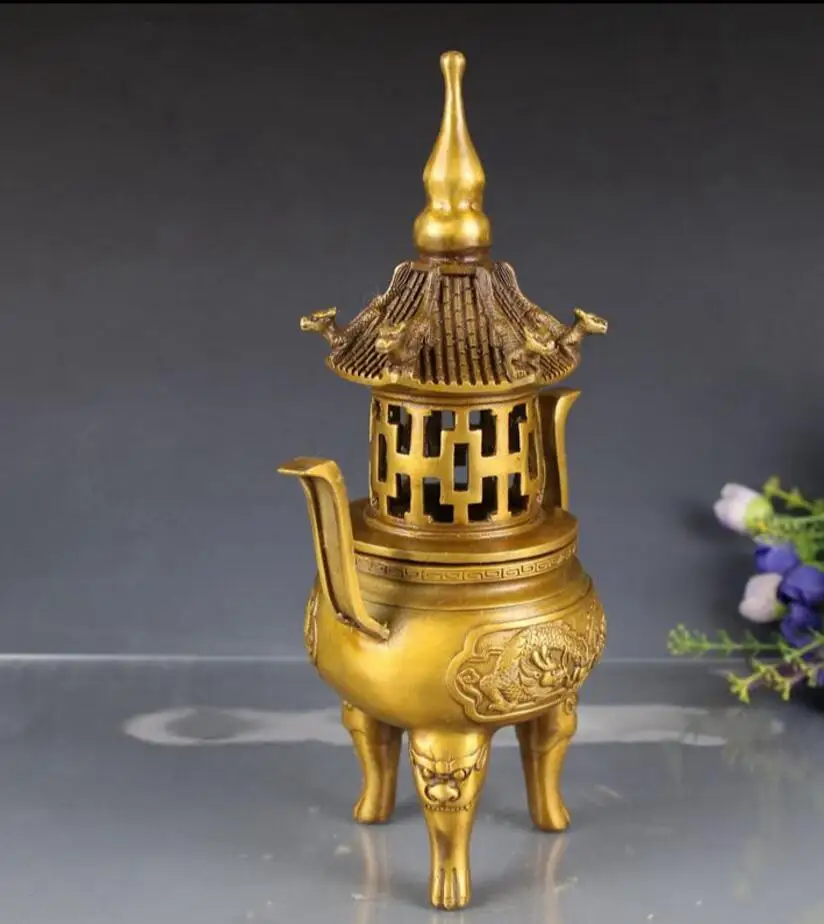 Медная статуя латунь двойной дракон жемчуг башня благовония горелка украшения