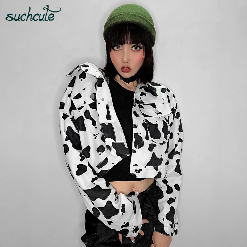 SUCHCUTE, Женская куртка с принтом коровы, пальто для женщин, корейский стиль, Modis Longslive, повседневная, осень, кнопка, Harajuku, уличная одежда, пальто