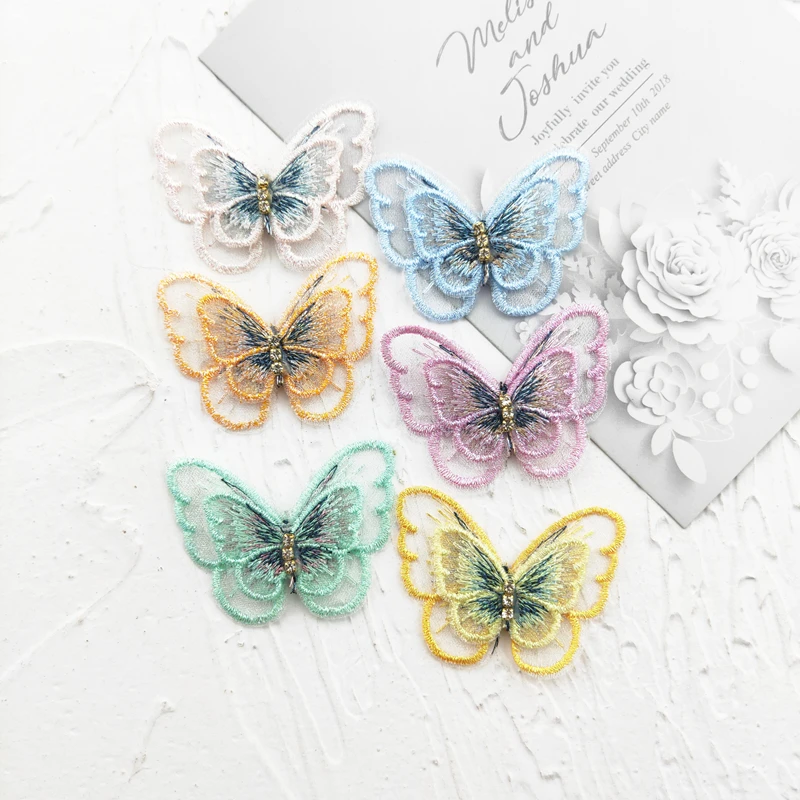 

12pcs/lot 5*4cm two layer Embroidery Chiffon Butterfly Appliques for Clothes Sewing Appliques DIY Hair Clip Accessories