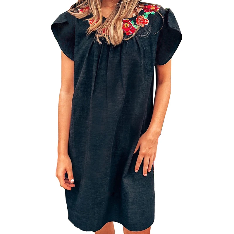 

Women Round Neck Flower Embroidery Dress New Fashion Female Summer Short Sleeve Mini Dresses
