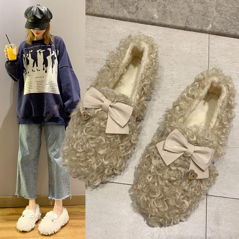 

Woman Cotton Shoes Faux Lambswool Woman Flats Casual Slip on Plush Femme Winter Shoes Curly Furry Bow Flats Loafers Woman Shoes