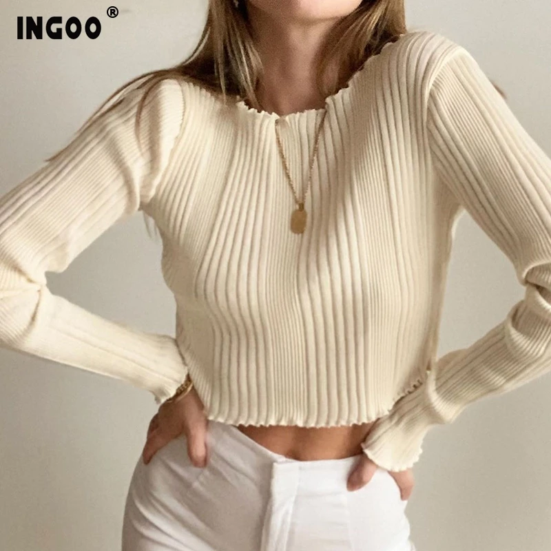 Женский топ в рубчик с длинным рукавом осенняя трикотажная Базовая Однотонная