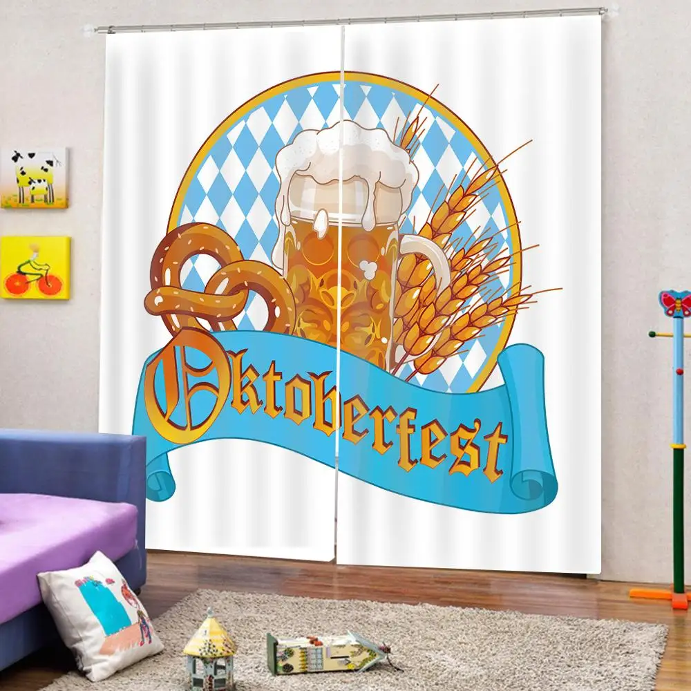 Custom Funky Oktoberfest 3D Curtains Collection Circle Shape Frame with Beer Pretzel Wheatears German Culture Cheerful Drapes | Дом и сад