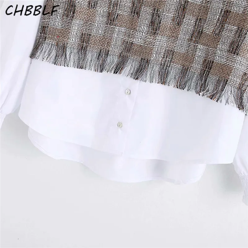CHBBLF women elegant tweed patchwork blouse long sleeve ruffled collar shirts sweet preppy style female casual chic tops C9716 | Женская