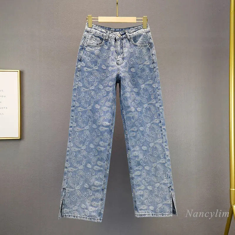 

Loose Long Split Jeans for Woman 2021 Spring Summer New High Waist Embroidered Large Size Wide Leg Denim Pants Nancylim
