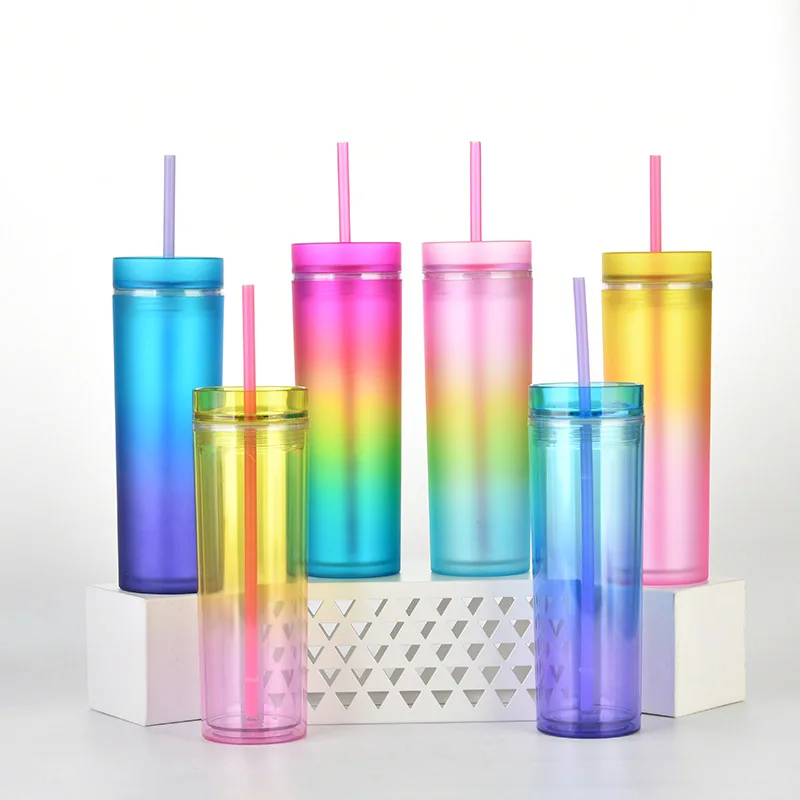 

Gradient 16oz Acrylic Skinny Tumbler Rainbow Colors With Lid And Straw Double Walled Slim Juice Cup Insulated For Party Gift