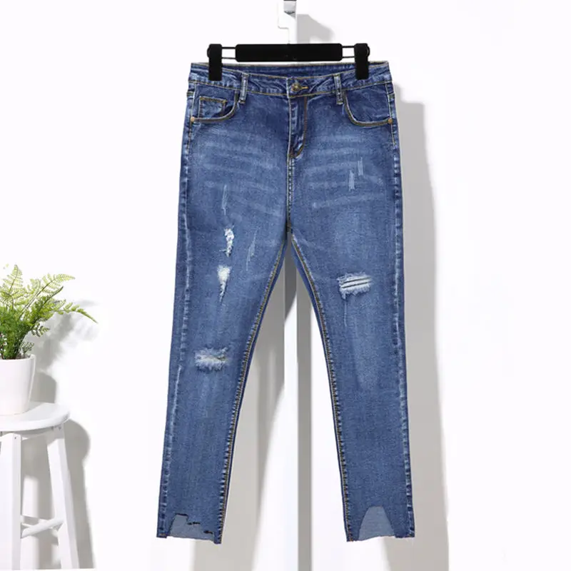 Женские рваные джинсы с завышенной талией тонкие облегающие джинсы-карандаш