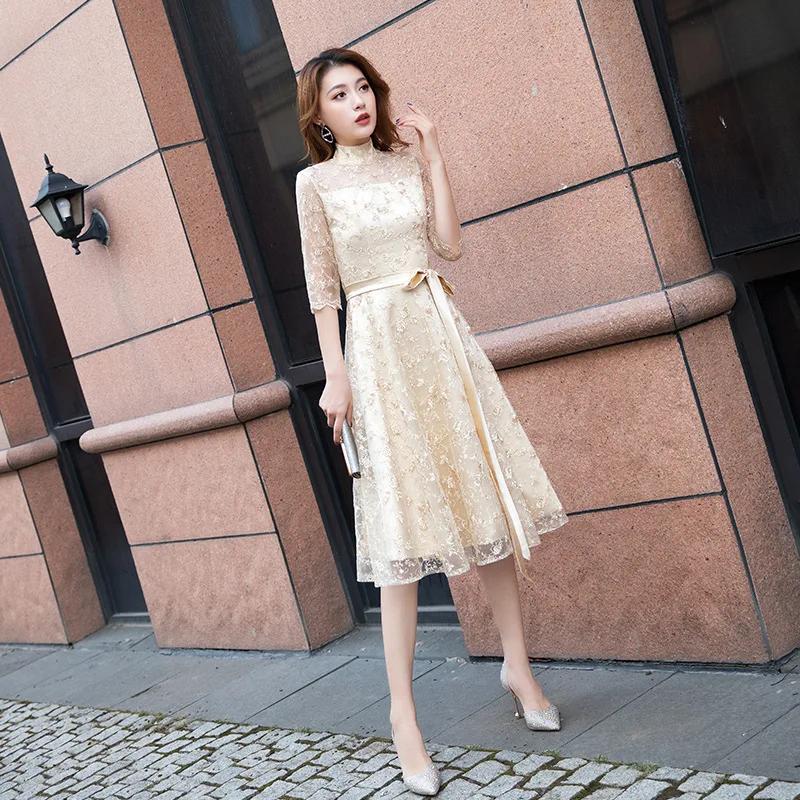 

Plus Size 3XL Perspective Champagne Women Lace Dresses Elegant Hight Collar Embroidery Flower Evening Dress Half Sleeve Skirt