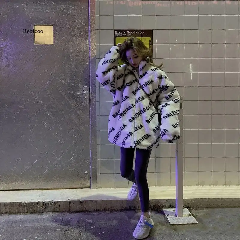 

Winter New National Tide High Street Letter Lamb Wool Jacket Mid-length Thick Retro Faux Fur Cotton Jacket