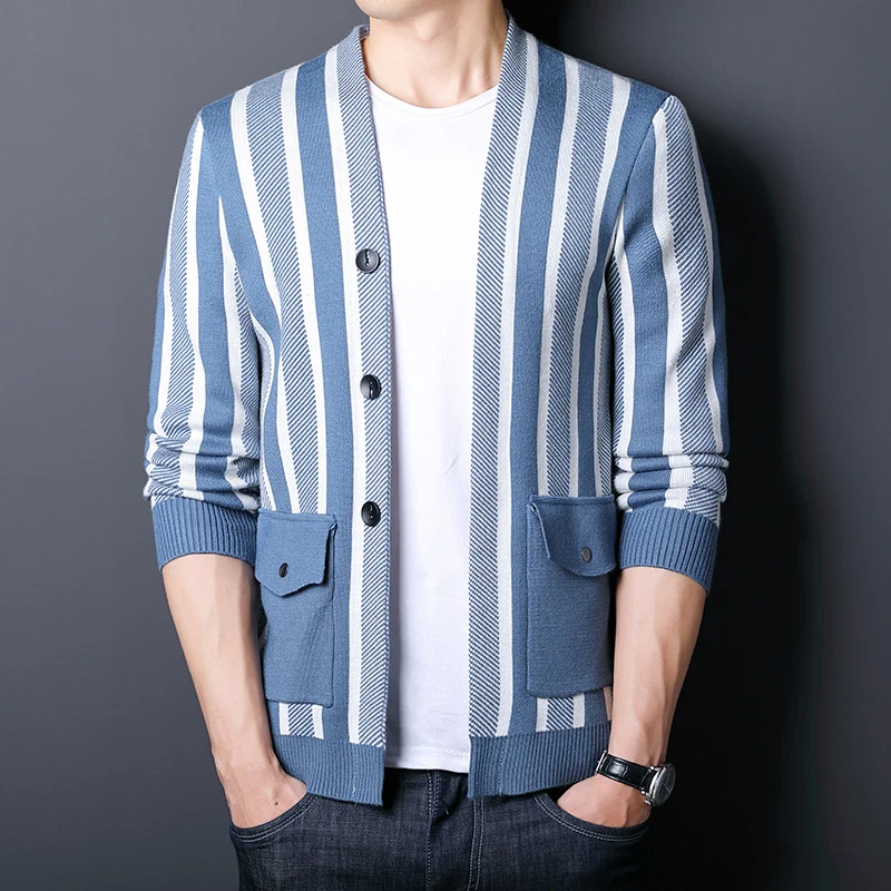 

Cardigan Men Knitted Sweater 2021 Fall Winter Oversized Sweaters Clothing Korean Fashion Long Sleeve Jackets Casual Striped Tops