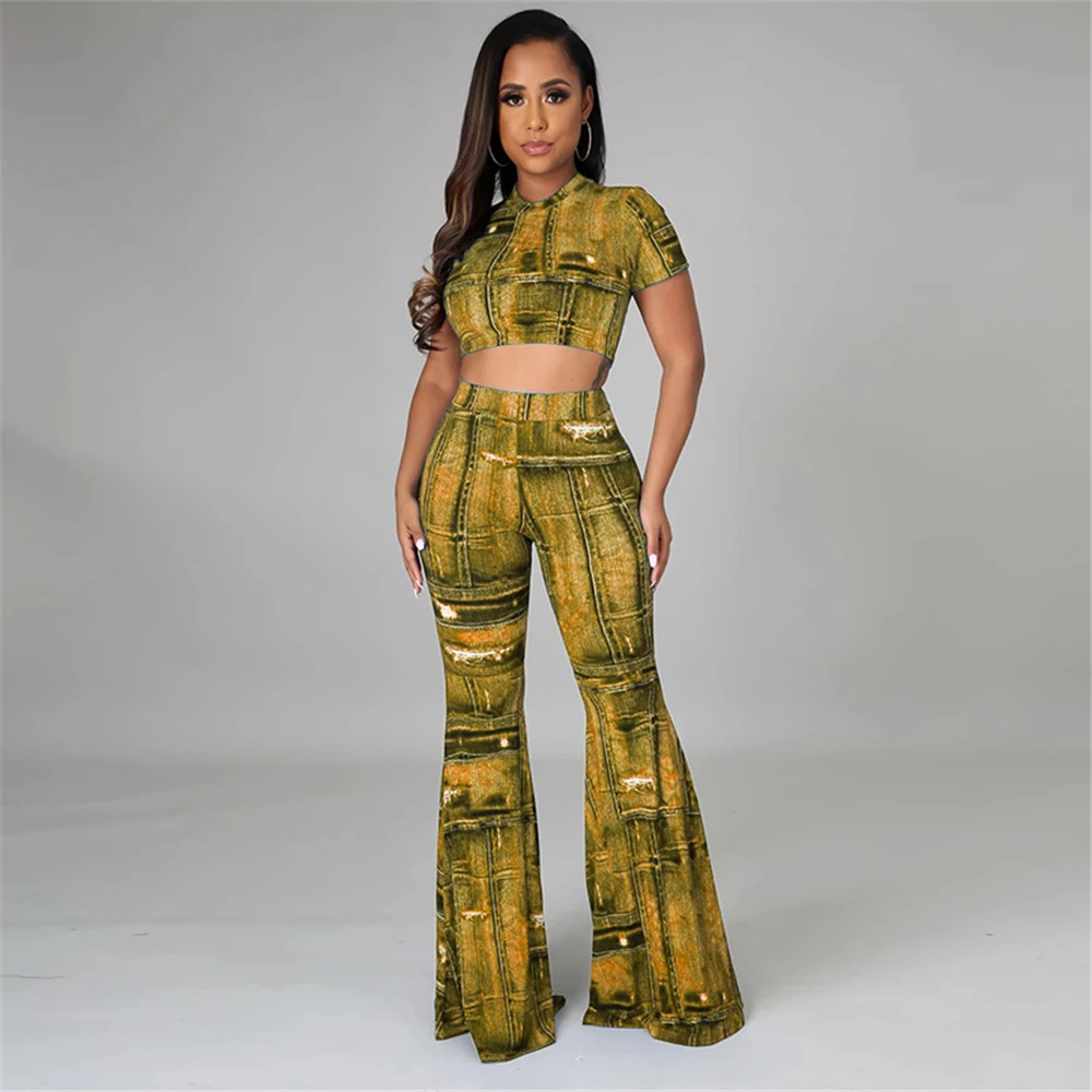 

Hn022 Europe the United States hot spring and summer women's wear features denim printing fashion leisure two-piece set availabl