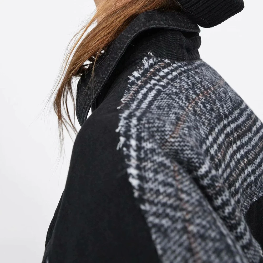 Женское клетчатое пальто ZA асимметричное Свободное контрастных цветов с