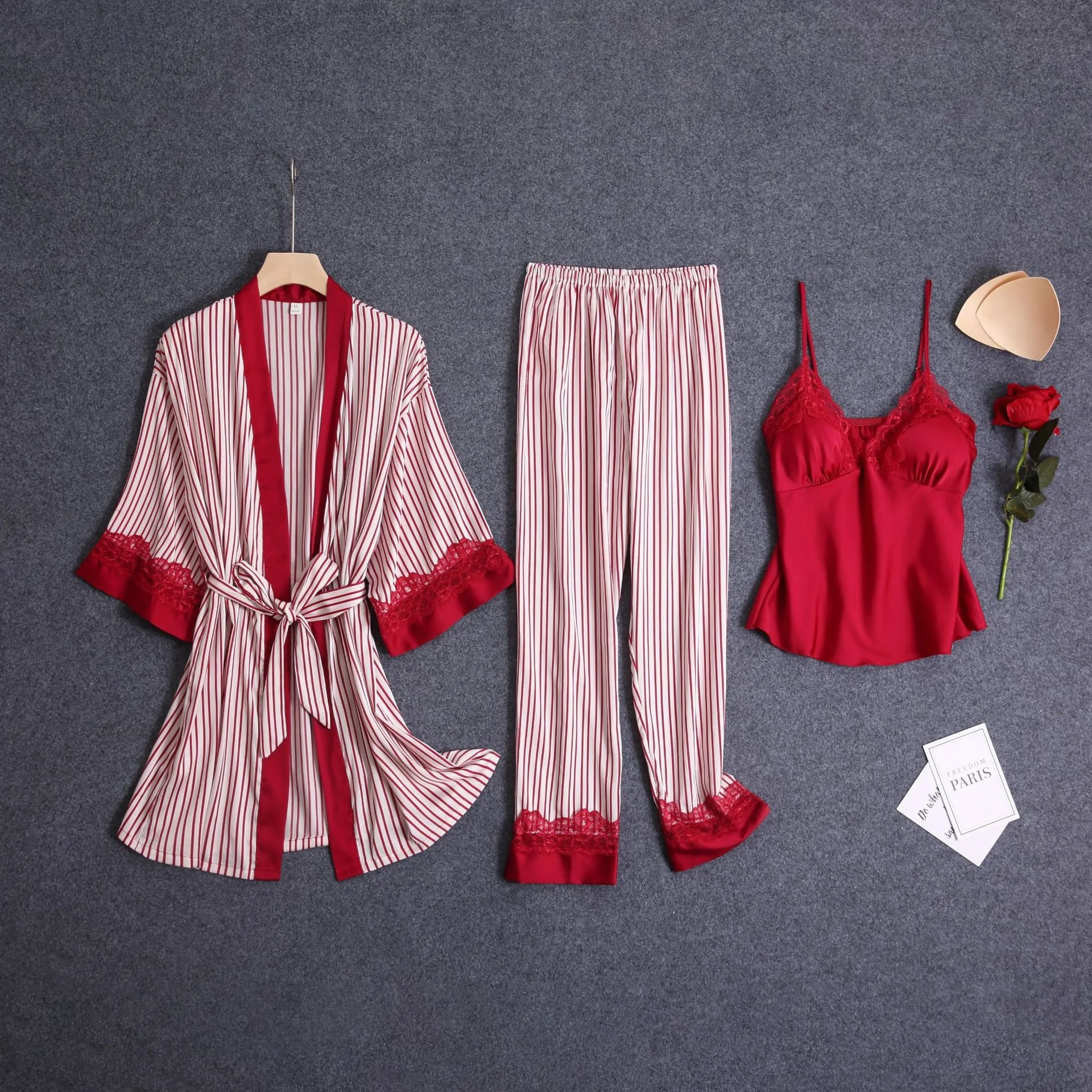 3 Pcs Suit Striped Print Women Pajamas Ice Silk Lace Sexy Sleepwear With Chest Pad V-Neck Pyjamas