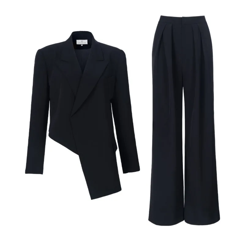 

DEAT 2021 New Women's Fashion Notched Long Sleeve Asymmetrical Thin Suit And Wide Leg Pants Two-piece Spring And Autumn 7E6063