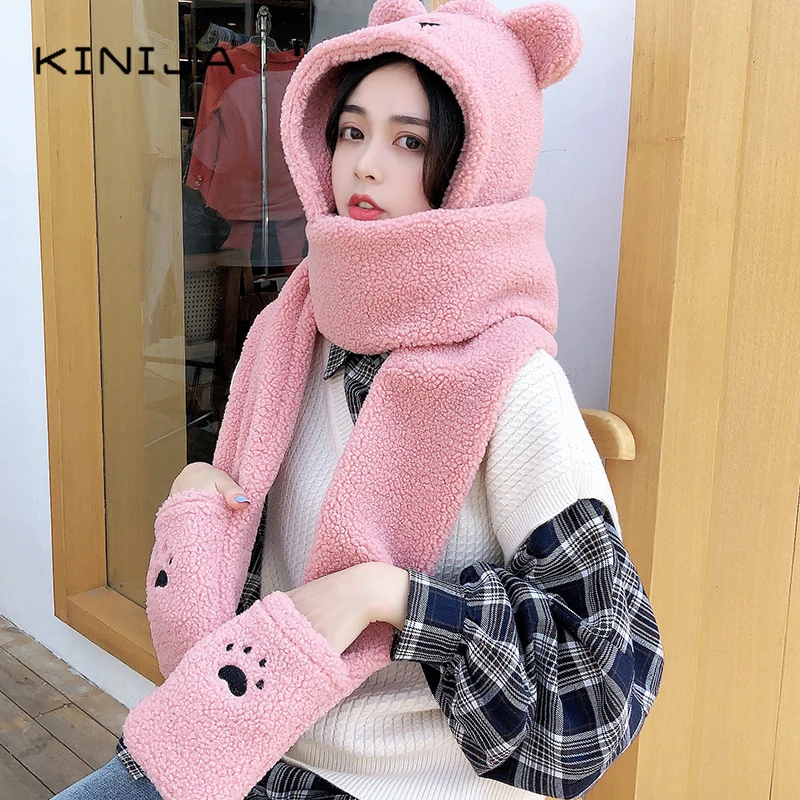 Милая шапка шарф и перчатки Bear Ear в комплекте сплошной цвет яркая теплая Новинка