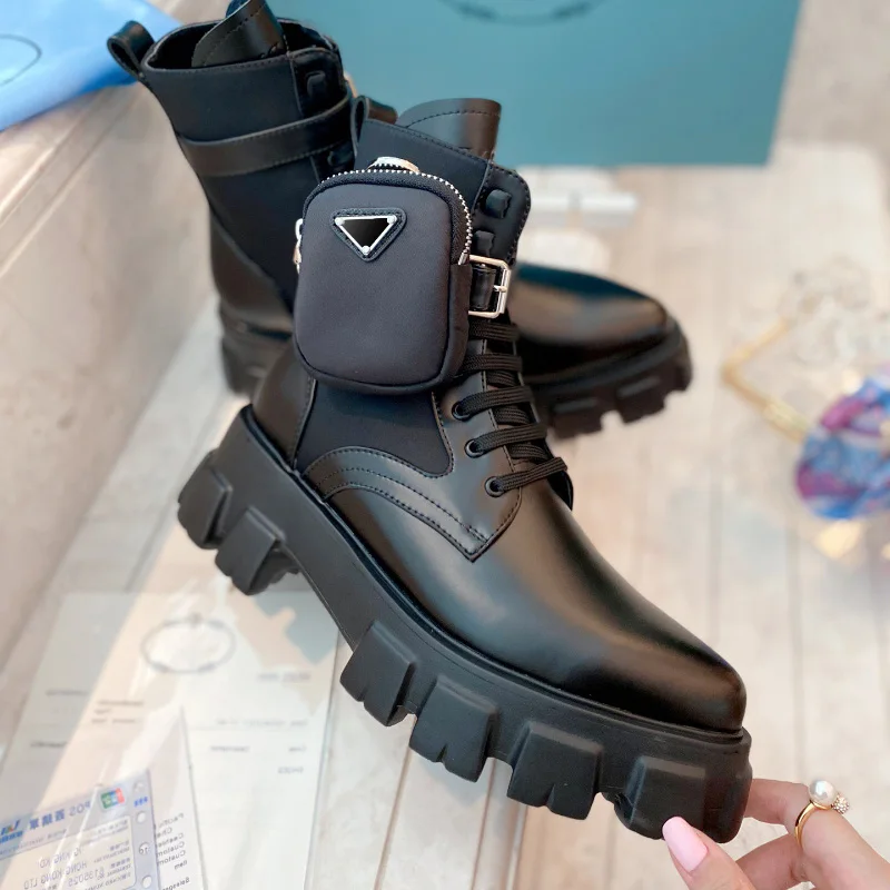 

Genuine Leather Nylon pouch Ankle Combat Boots Monolith platform Wedges lace-up pointed Toe block heels Flat chunky women shoes
