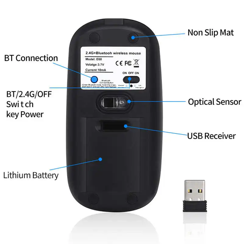 Перезаряжаемая Беспроводная Bluetooth 4 0 + 2 4G Двухрежимная в 1 Зарядка мышь 1600