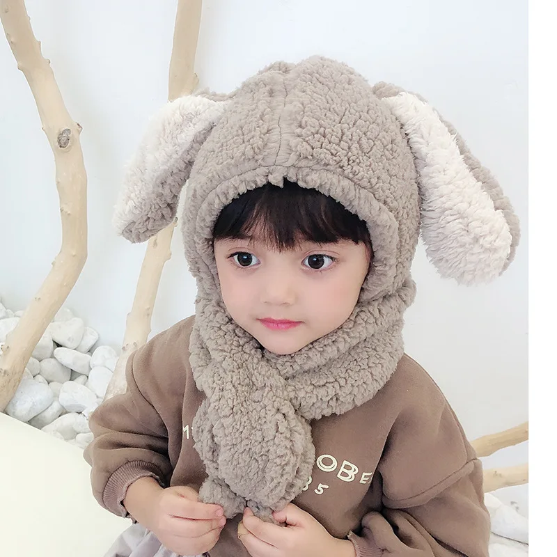 

2020 Baby Sweater Hat Winter Warm Knitted Hooded Scarf Caps Baby Scarf Children Long Ears Rabbit Plush Cartoon Warm Protection