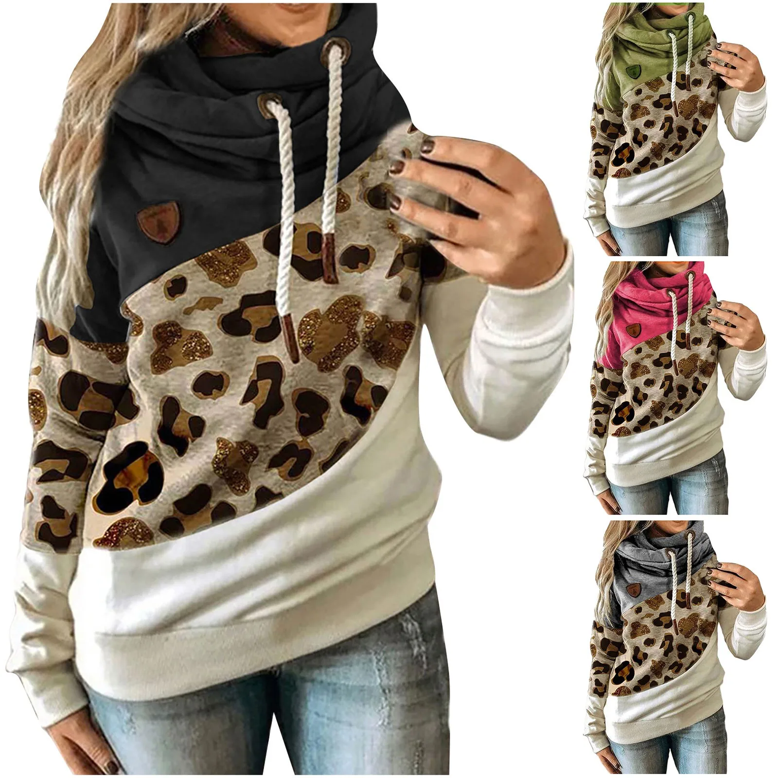 

Women Autumn Winter Patchwork Hooded Sweatshirt Harajuku Drawstring Hoodie Women Casual O-Neck Contrast Color Long Sleeve Top