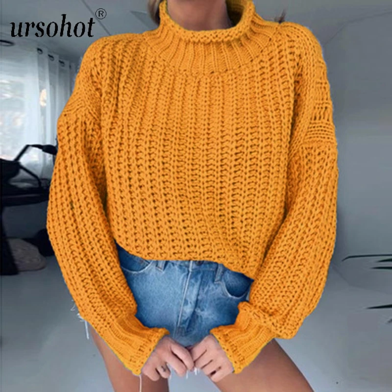 Ursohot Winter Twisted Sweaters Women Jumpers Ladies Autumn Turtleneck Long Lantern Sleeve Fashion Top Solid Casual Knitted Tops | Женская