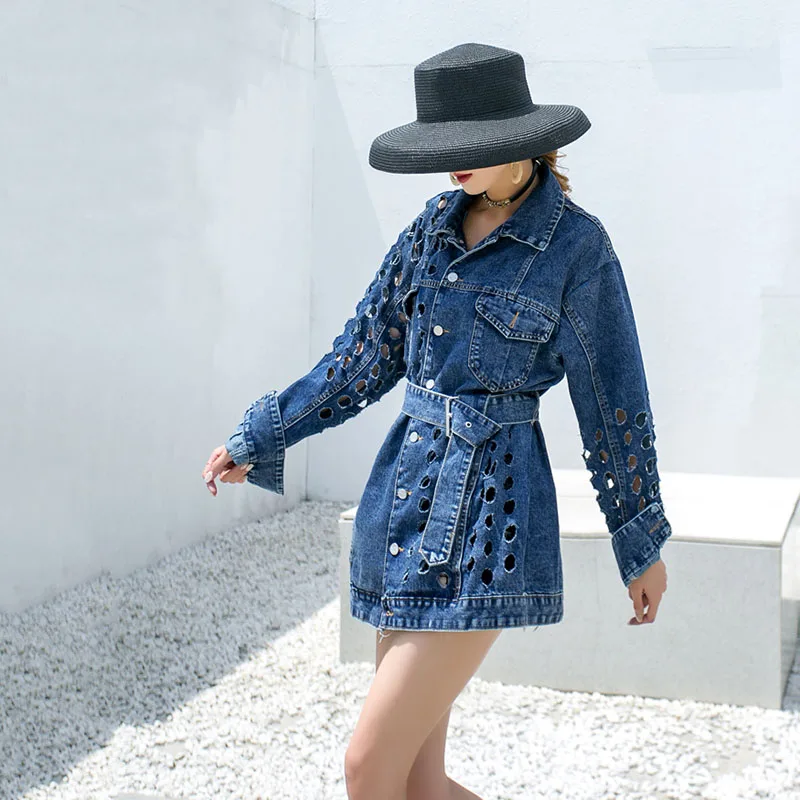 

2020 new Street Jacket Jeans BF Style Jackets Women Asymmetric Hole Craft Loose-fit Denim Jacket Female's blue/white jean coat