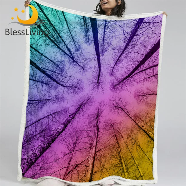 BlessLiving Forest Fluffy Blanket Woodland Tree Bole Blankets For Beds Rainbow Bedding Colorful Sky Nature Beauty Koce Drop Ship 1
