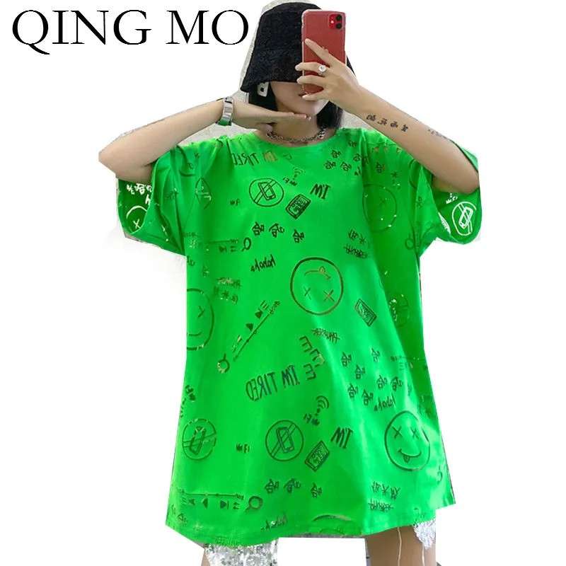 QING MO оранжевая зеленая Черная Женская Повседневная футболка 2020 женская с