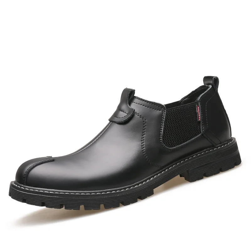 

GAMPORL Men's Genuine Leather Casual Shoes Round Head Thick Bottom Work Shoes Elastic Band Breathable Horseshoe Heel Men's Shoes
