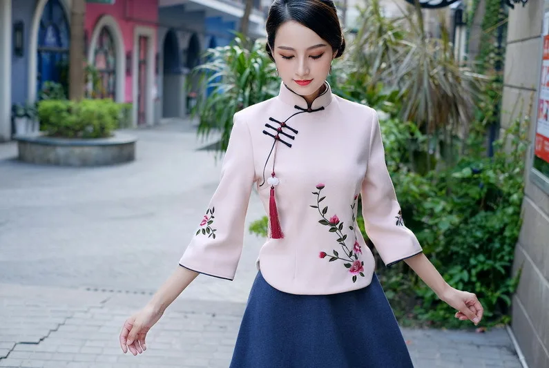 Sheng Coco Woolen Chinese Blouse Coat LadiesTraditional Chinese Shirts Embroidery Blouses Woolen Suit Classic Blue Suit