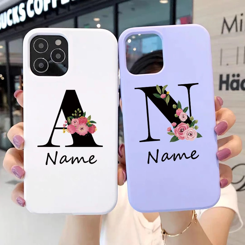 Flowers Diy For iphone 11 12 13 Pro Mini Phone Case Custom Capital Letters Name For X XS Max XR 7 8 Plus SE New Silicone Cover