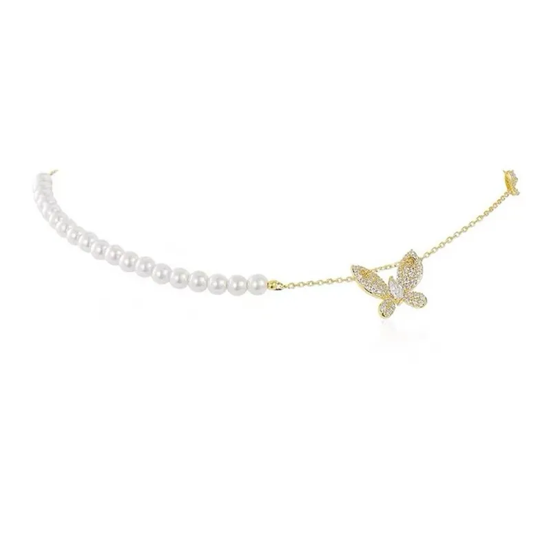 

2021 pearl Bow Necklace women's CHOKER fashion collarbone Necklace personality micro inlaid temperament Necklace