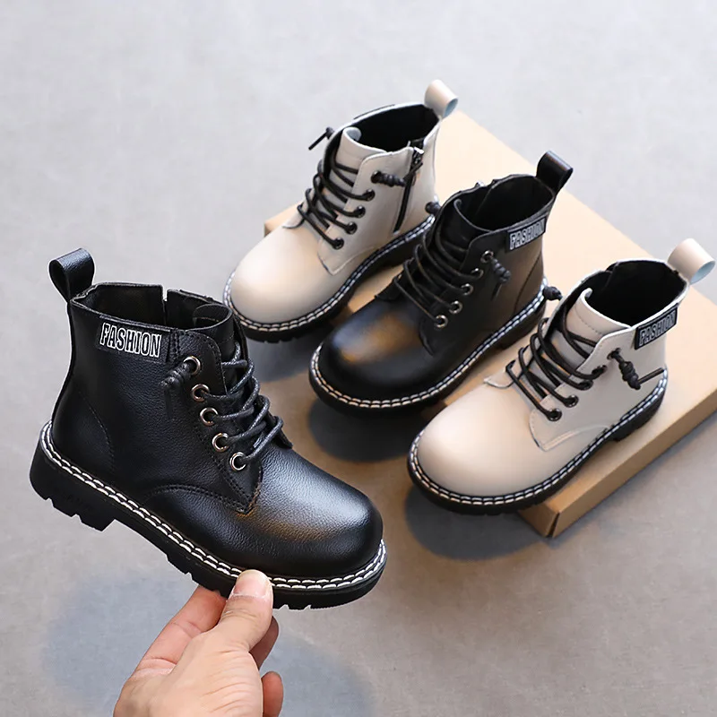 

Students Black Boots 2021 Autumn Korean Big Boys Martin Boots Waterproof Low Heels Sewing Matte Girls Side Zip PU Ankle Boots