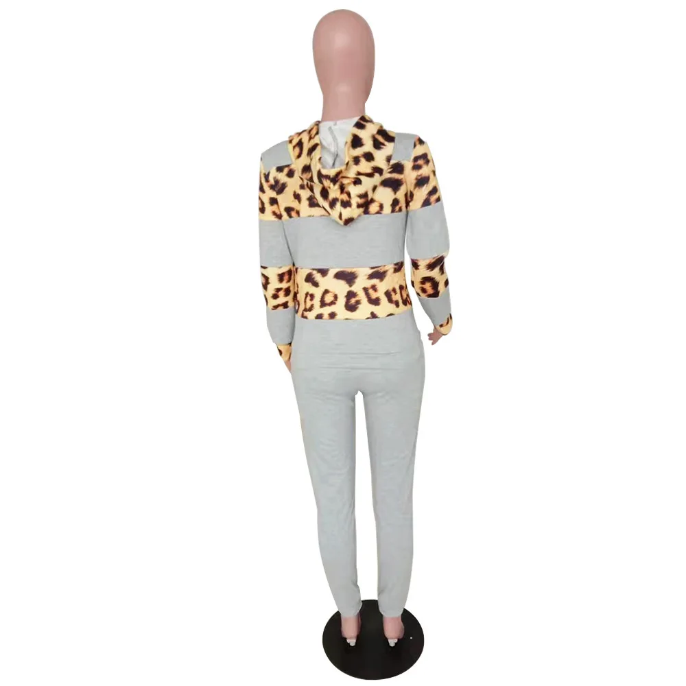 

Women's Sport Suit Leopard Print Long Sleeve Hooded Sweatshirt and Jogger Sweatpant Activewear Workout 2 Piece Matching Outfit