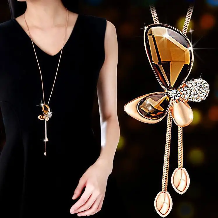 

Women's Crystal Necklace butterfly sweater chain Korean fashion versatile crystal long tassel dress adornment Necklace