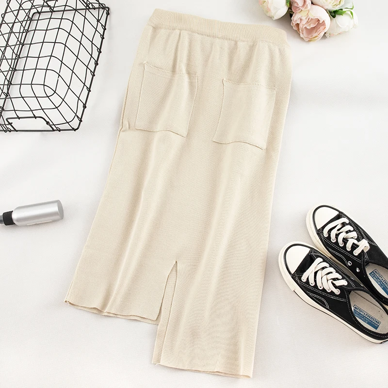 SINGRAIN женские зимние вязаные юбки теплые длинные юбки-карандаш средней длины с