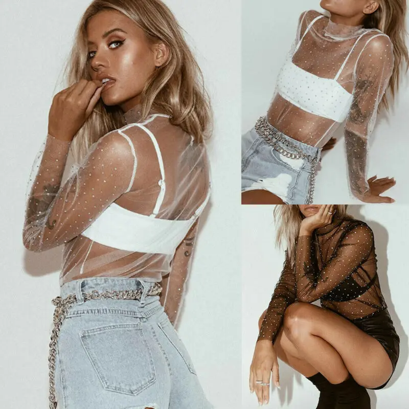 Женские прозрачные сетчатые блузки прозрачный топ с длинным рукавом рубашка