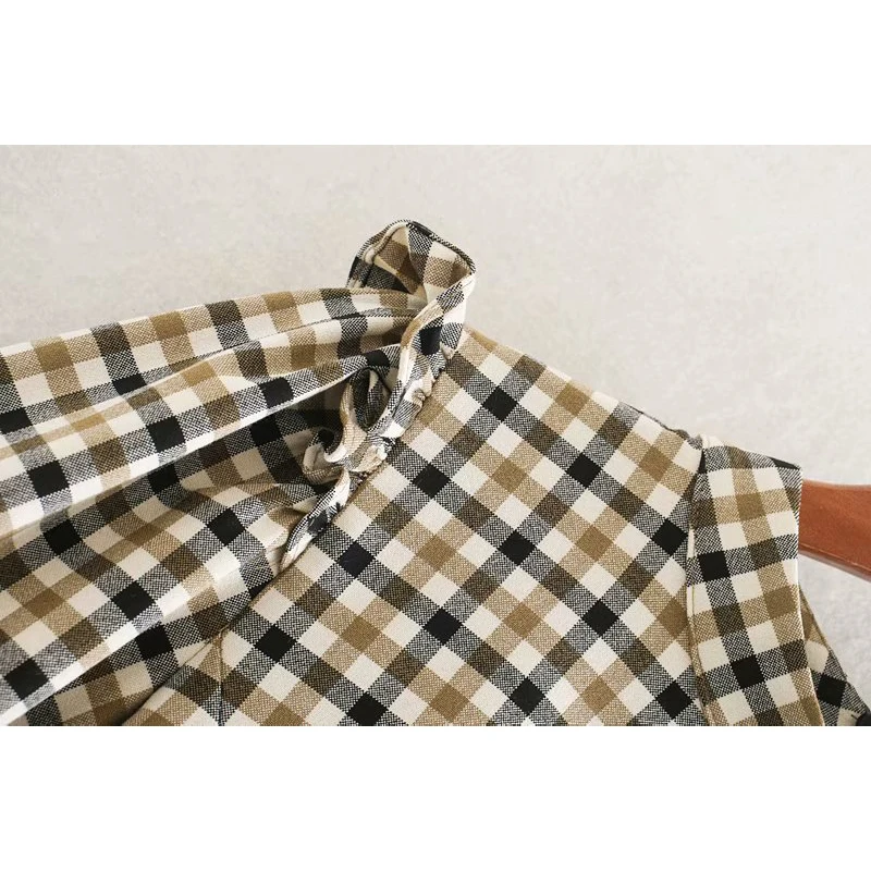 za 2020 new women vintage stand collar plaid print casual Shirts blouse pleated ruffles roupas agaric lace femininas tops | Женская